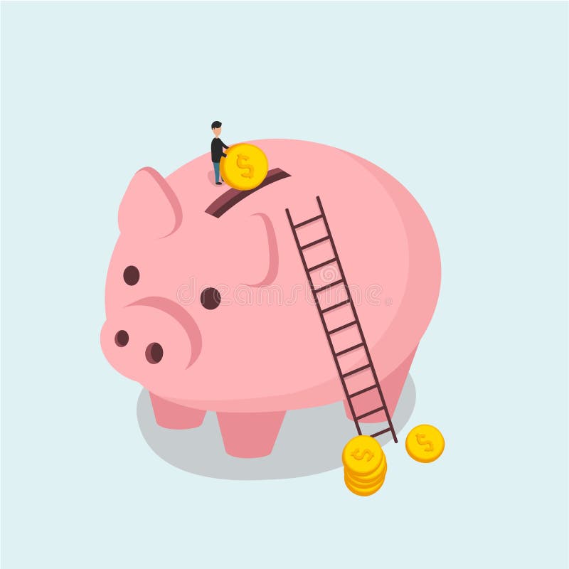 Prosiątko mężczyzna i bank rzucamy menniczego ilustracyjnego Isometric mieszkanie royalty ilustracja Prosiątko mężczyzna i bank rzucamy menniczego ilustracyjnego Isometric mieszkanie royalty ilustracja