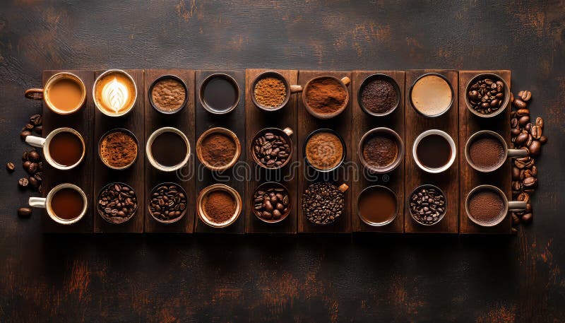 Prospettiva aerea di diverse varietà di caffè con fondo ricco a tema caffè illustrazione di stock