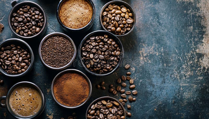 Prospettiva aerea di diverse varietà di caffè sullo sfondo di un ricco tema di caffè illustrazione di stock