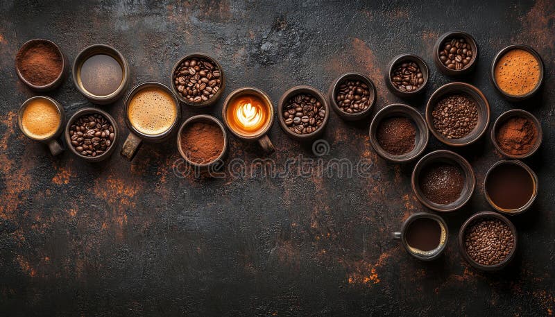 Prospettiva aerea di varietà di caffè diverse che creano uno sfondo ricco a tema di caffè illustrazione vettoriale