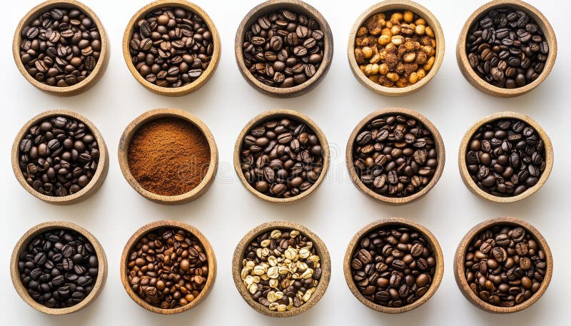Prospettiva aerea di varietà di caffè diverse che creano uno sfondo ricco a tema di caffè illustrazione di stock