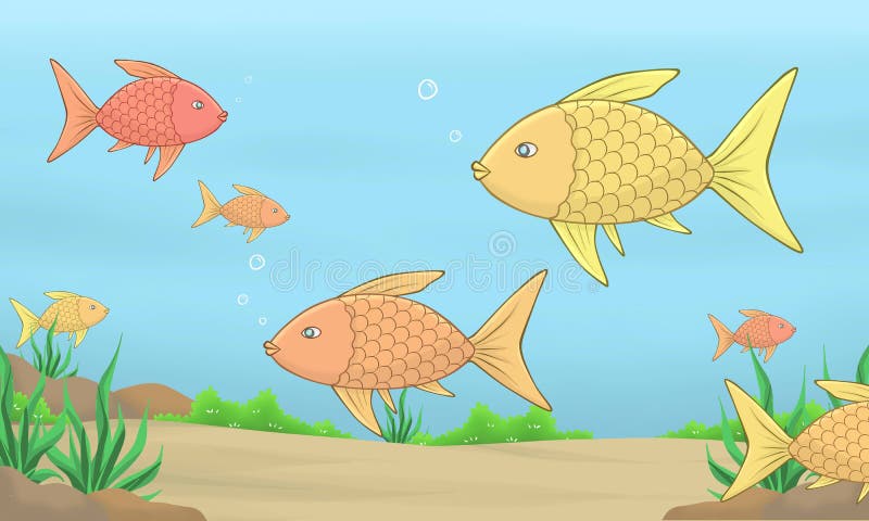 Proste ryby rysujące się pod wodą z wodorostami koralowymi i dekoracją piasku. ilustracji