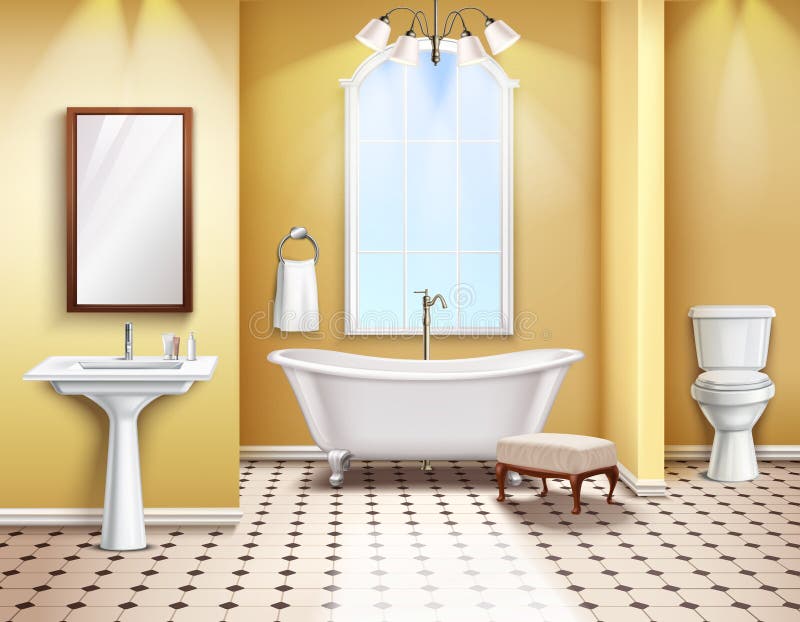 Simple bathroom interior realistic composition with bath toilet and bidet 3d elements vector illustration. Simple bathroom interior realistic composition with bath toilet and bidet 3d elements vector illustration