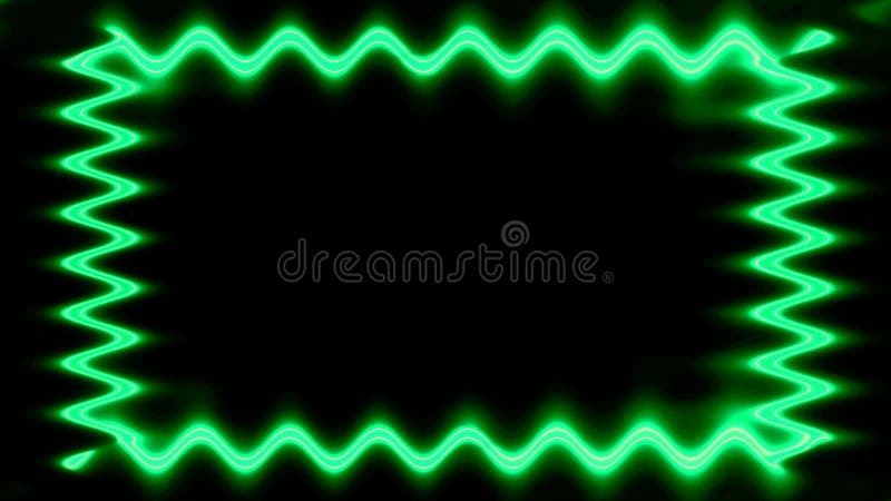 Prostokątna, zamknięta falowa, kolorowa neon świecąca zielona, kwadratowa ramka pozioma na czarnym tle. migające linie. puste miej