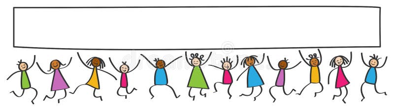 Simple stick figures banner, happy multicultural kids jumping, blank white poster board, isolated on white background. Simple stick figures banner, happy multicultural kids jumping, blank white poster board, isolated on white background