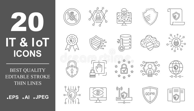 Protección de datos, las TIC, IoT, sistema de los iconos de la seguridad de Internet Movimiento Editable EPS 10 stock de ilustración Protección de datos, las TIC, IoT, sistema de los iconos de la seguridad de Internet Movimiento Editable EPS 10 stock de ilustración