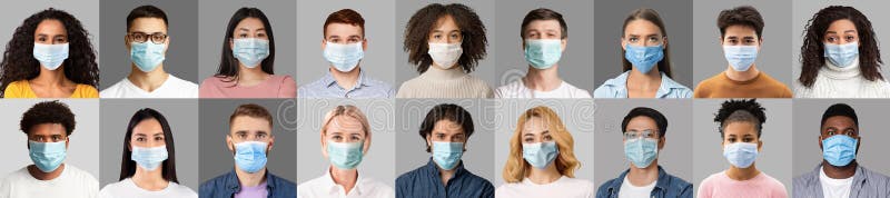 Protección durante la pandemia del coronavirus. grupo de personas diversas se enfrentan en máscaras médicas higiénicas con anteced fotos de archivo libres de regalías