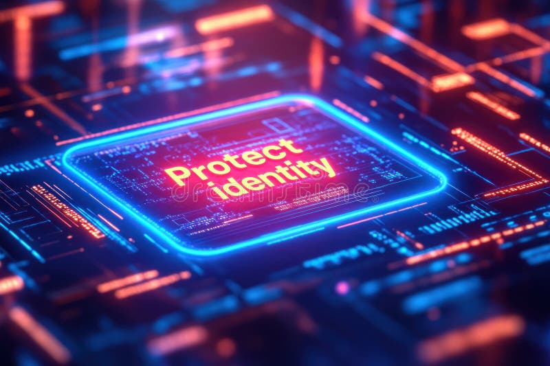 Protect identity neon typography glowing futuristic digital circuit board with blue and orange light effects royalty free stock photography