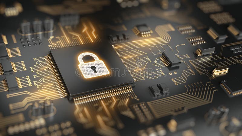 Protect and Security concept. Padlock on microchip processor - technology background. 3d rendering
