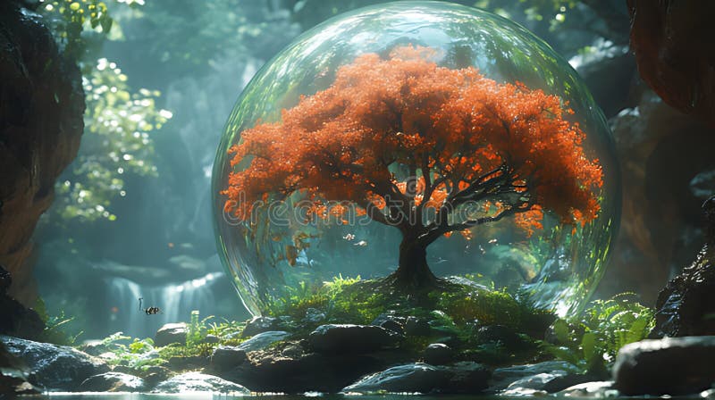 Protected autumn tree in jungle dome, waterfall background, environmental concept stock illustration