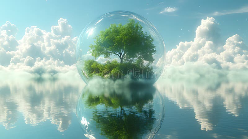 Protected tree in glass sphere above clouds environmental concept stock illustration