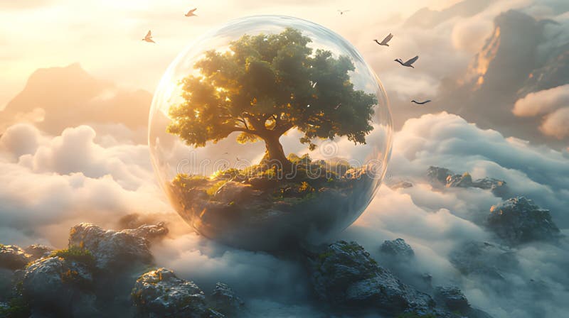Protected Tree in Glass Sphere, Mountaintop Sunrise stock illustration
