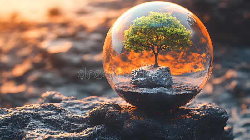 Protected tree in glass sphere on rocks, fiery sunset background environmental concept royalty free illustration
