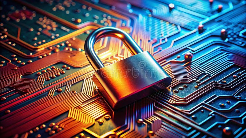 Protecting Data in the Digital Age A Secure Circuit Board with a Lock Illustrates Advanced Digital Security Measures stock illustration
