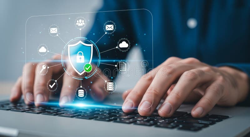 Protecting digital assets with advanced cybersecurity solutions while working on a laptop for secure online transactions now royalty free illustration