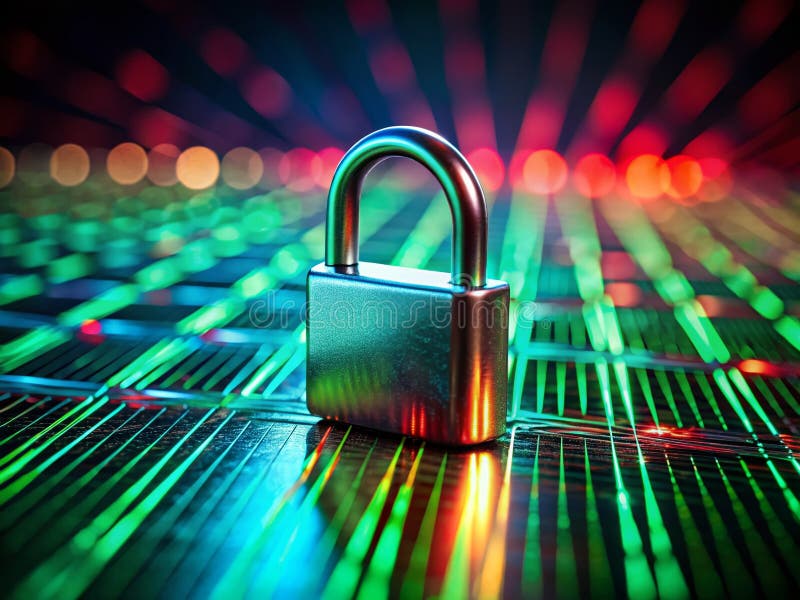 Protecting Digital Fortunes A TiltShift Perspective on Cybersecurity with a Metallic Padlock and Intertwined Data royalty free illustration
