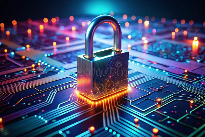 Protecting Digital Frontiers A Glowing Circuit Board Secured by a Padlock Symbolizing the Crucial Role of Cybersecurity vector illustration