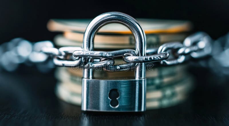 Protecting financial assets with a secure lock and chain on banknotes. Generative AI stock images