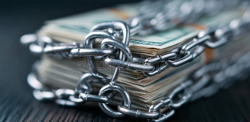 Protecting financial assets with a secure lock and chain on cash. Generative AI stock photography