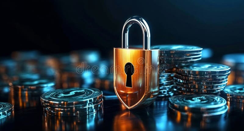 Protecting financial assets with secure lock and privacy measures for banking. Generative AI stock images