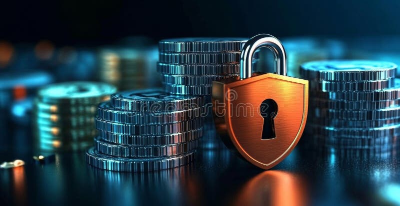 Protecting financial information with security measures in banking practices. Generative AI. A metal padlock rests on a stack of shiny coins, symbolizing banking security and privacy. The contrasting colors reflect the importance of safeguarding financial assets and personal data. AI generated