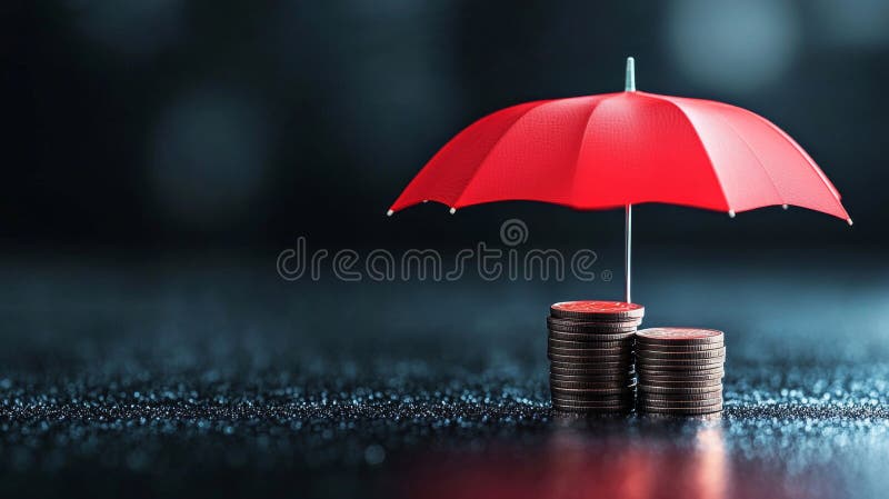 Protecting savings with a red umbrella over stacked coins for financial security. Generative AI stock images