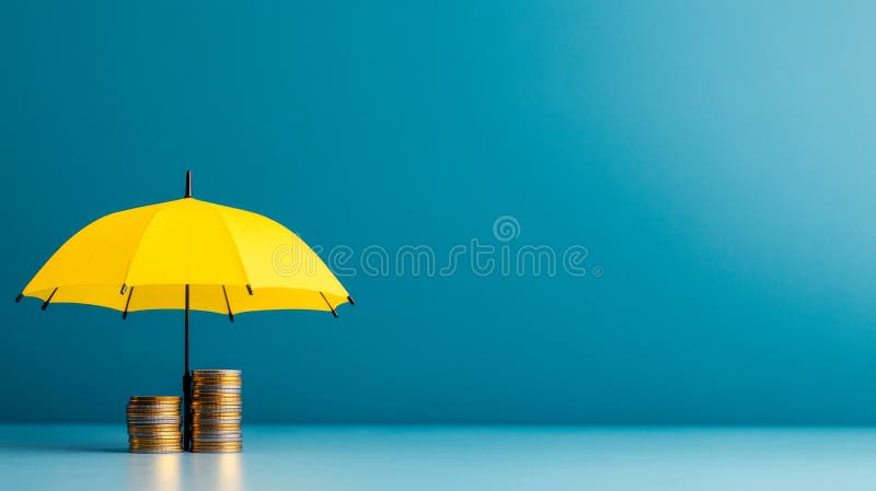 Protecting savings with a yellow umbrella over stacked coins. Generative AI stock image