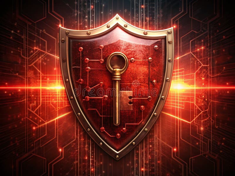 Protecting Your Digital World A Double Exposure of a Red Shield and Key Symbolizing Robust Cybersecurity royalty free illustration