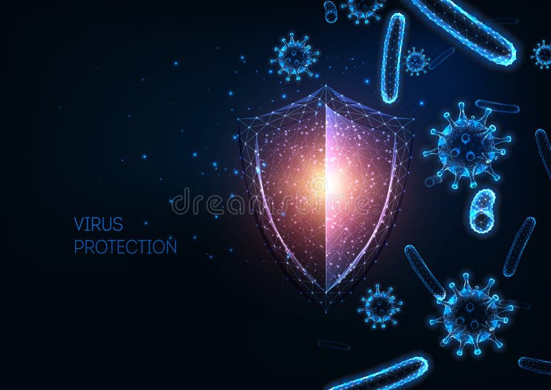 Protection du système immunitaire futuriste avec des cellules polygonales, des virus et des bactéries brillantes illustration libre de droits Protection du système immunitaire futuriste avec des cellules polygonales, des virus et des bactéries brillantes illustration libre de droits