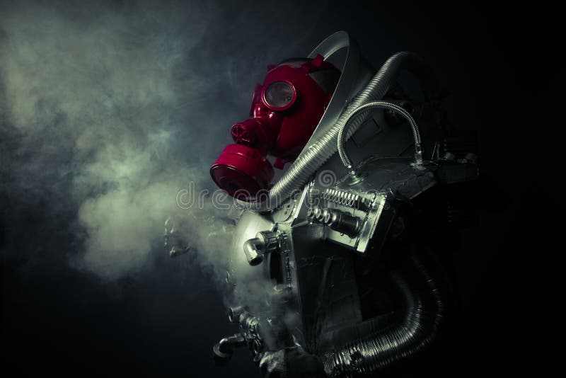 Protection. Environmental disaster. Post apocalyptic survivor in stock photo