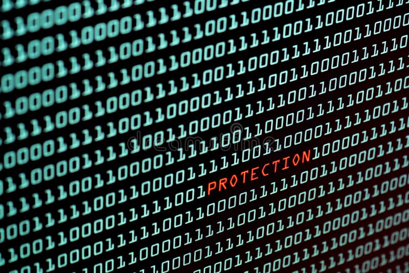 Text de protecție și concept de cod binar de pe ecranul desktop, cu focalizare selectivă stock photo