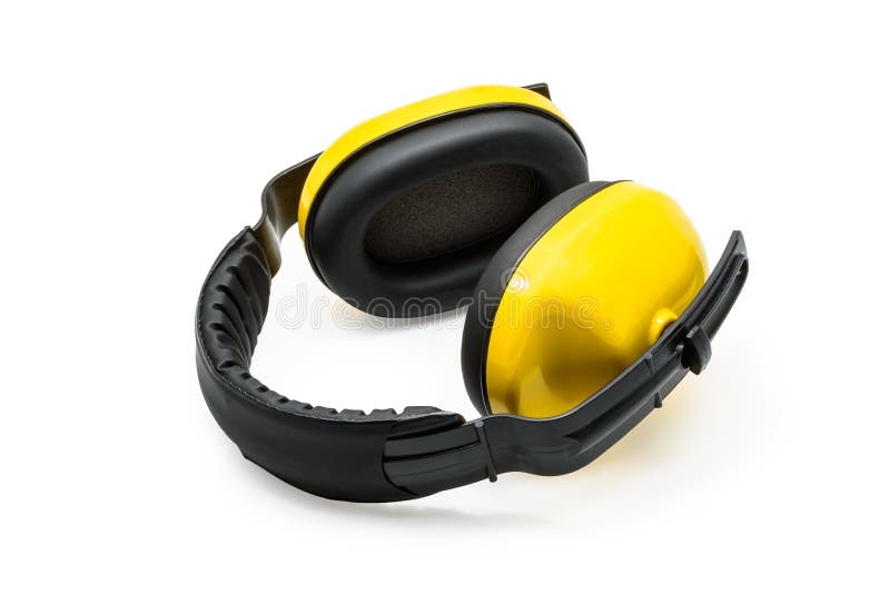 Noise Reduction Protective Earmuffs, Standard Construction Safety Equipment on Wooden Table