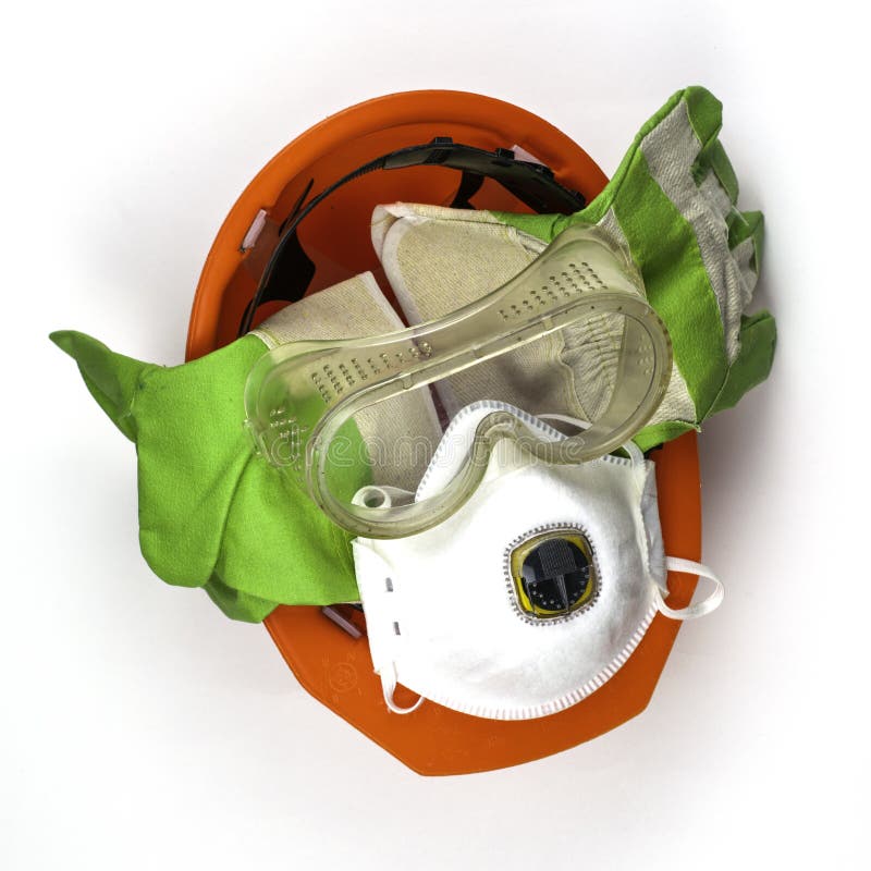 Protective Equipment Work Helmet Gloves Goggles and Respirator on the White Background Stock