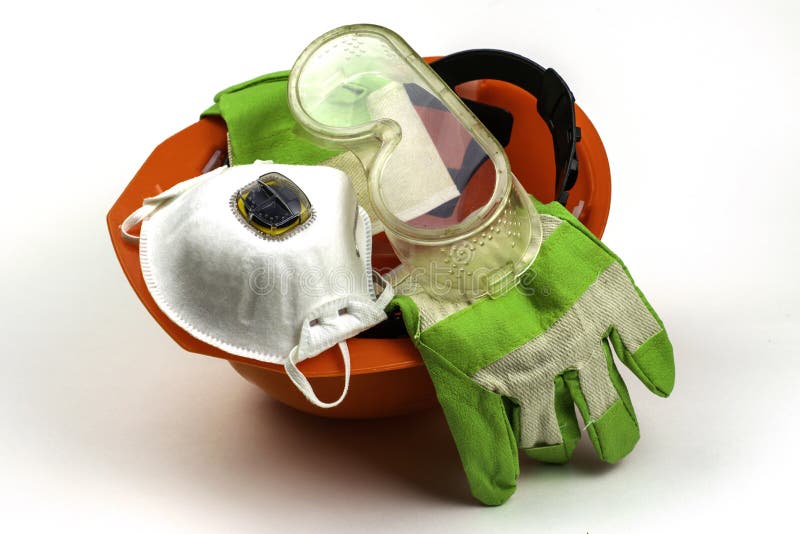 Protective Equipment Work Helmet Gloves Goggles and Respirator on the White Background Stock