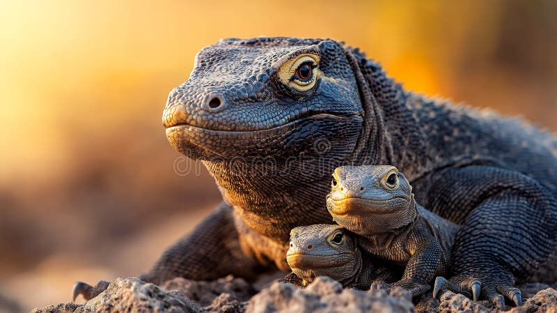 A protective Komodo dragon rests with its two hatchlings, showcasing the bond between them stock photo