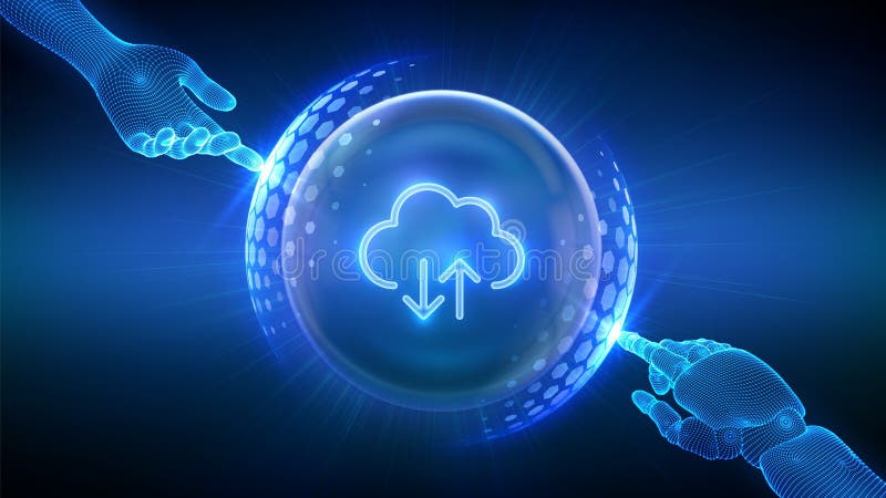 Protecție a centrelor de date securizate pentru stocarea în cloud a soluțiilor de calcul de tip cloud computing. Un robot și o mân royalty free illustration