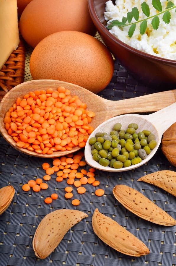 Protein Food Eggs Almonds Lentils Cheese Walnut Curd Stock Photos
