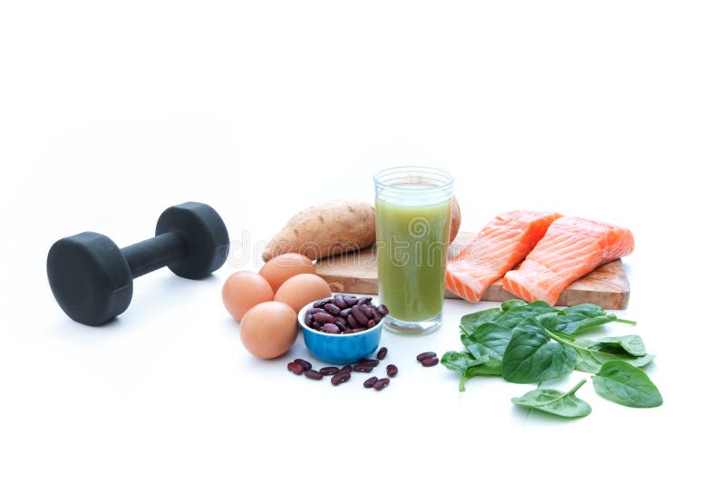 Protein foods and dumbell stock photography Protein foods and dumbell stock photography