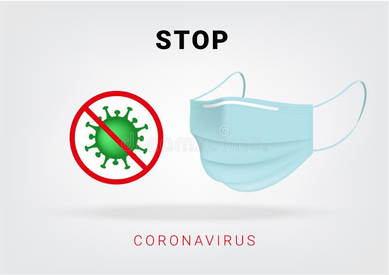 Proteja a molécula do vírus corona ou o cvid19 com sinal de paragem e máscara cirúrgica na ilustração isolada do vetor branco de f