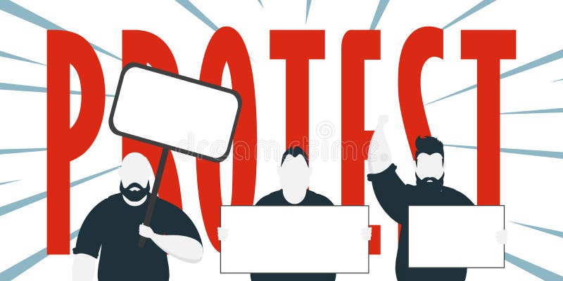 Protest banner. A group of men with banners in their hands. Strike concept. Cartoon style. royalty free illustration