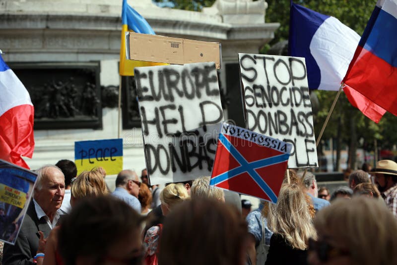 Protest manifestation against war in Ukraine in Republic Square of Paris on aug. 02. 2014 in Paris, France.