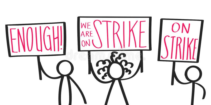 Protestando il fumetto attacchi le figure che ostacolano i segni che dicono IN SCIOPERO, ABBASTANZA, attivisti notevoli illustrazione di stock Protestando il fumetto attacchi le figure che ostacolano i segni che dicono IN SCIOPERO, ABBASTANZA, attivisti notevoli illustrazione di stock