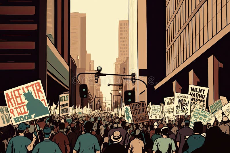 Protesting Crowd Marching through Downtown, with Banners and Signs
