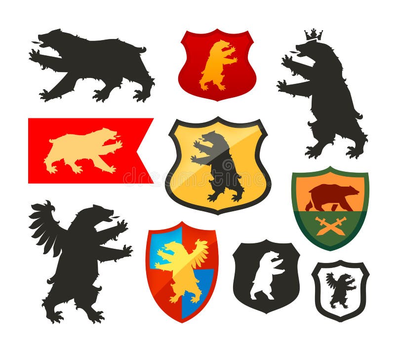 Protetor com logotipo do vetor do urso Brasão, ícones ajustados da heráldica ilustração stock Protetor com logotipo do vetor do urso Brasão, ícones ajustados da heráldica ilustração stock