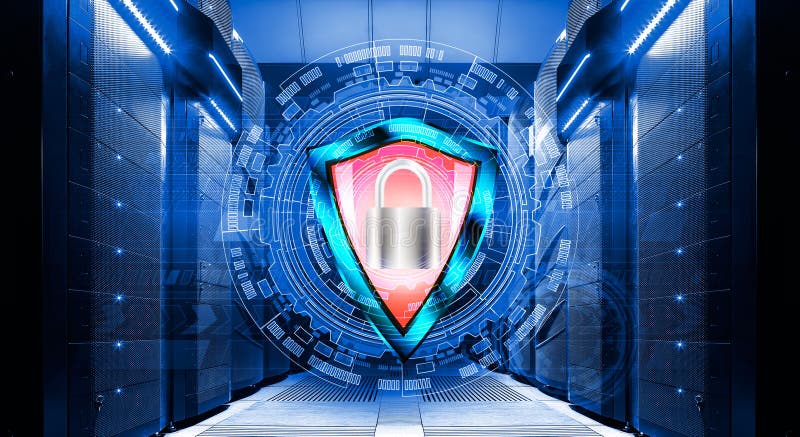 Protetor com o cadeado no fundo de fundos abstratos no centro de dados entre os super-computadores das fileiras imagem de stock Protetor com o cadeado no fundo de fundos abstratos no centro de dados entre os super-computadores das fileiras imagem de stock