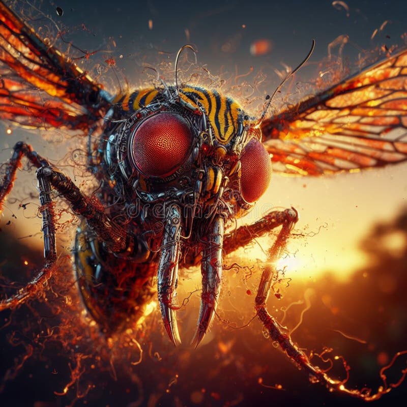 Prototipo di zanzara d'arma ingegnerizzata da nanorobot geneticamente modificata in azione illustrazione di stock