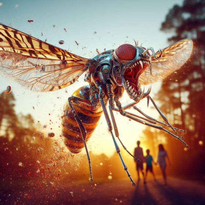 Prototipo di zanzara d'arma ingegnerizzata da nanorobot geneticamente modificata in azione illustrazione vettoriale