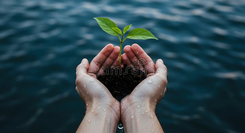 Protéger la nouvelle vie : Coupe les mains d'une source d'eau illustration de vecteur