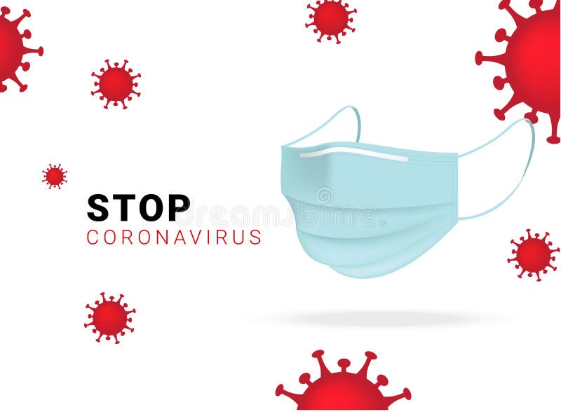 Protégez la molécule de virus d'état ou le covid19 avec le stop et le masque chirurgical sur l'illustration blanche d'isolement de
