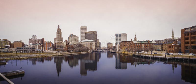 Providence City Skyline and Reflections over the River Pedestrian and Bicycle Bridge